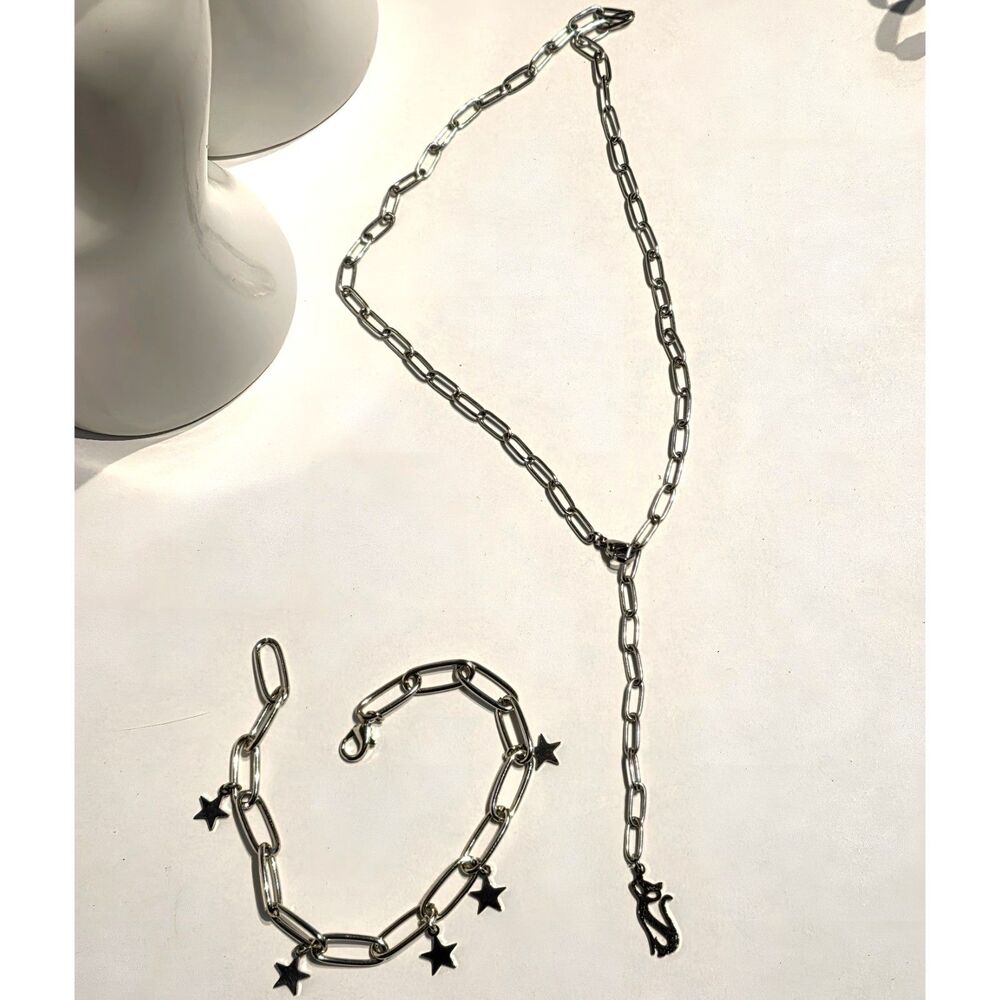 New Silver Tone Cat Lariat Y Necklace Star Charm Paperclip Link Bracelet Set